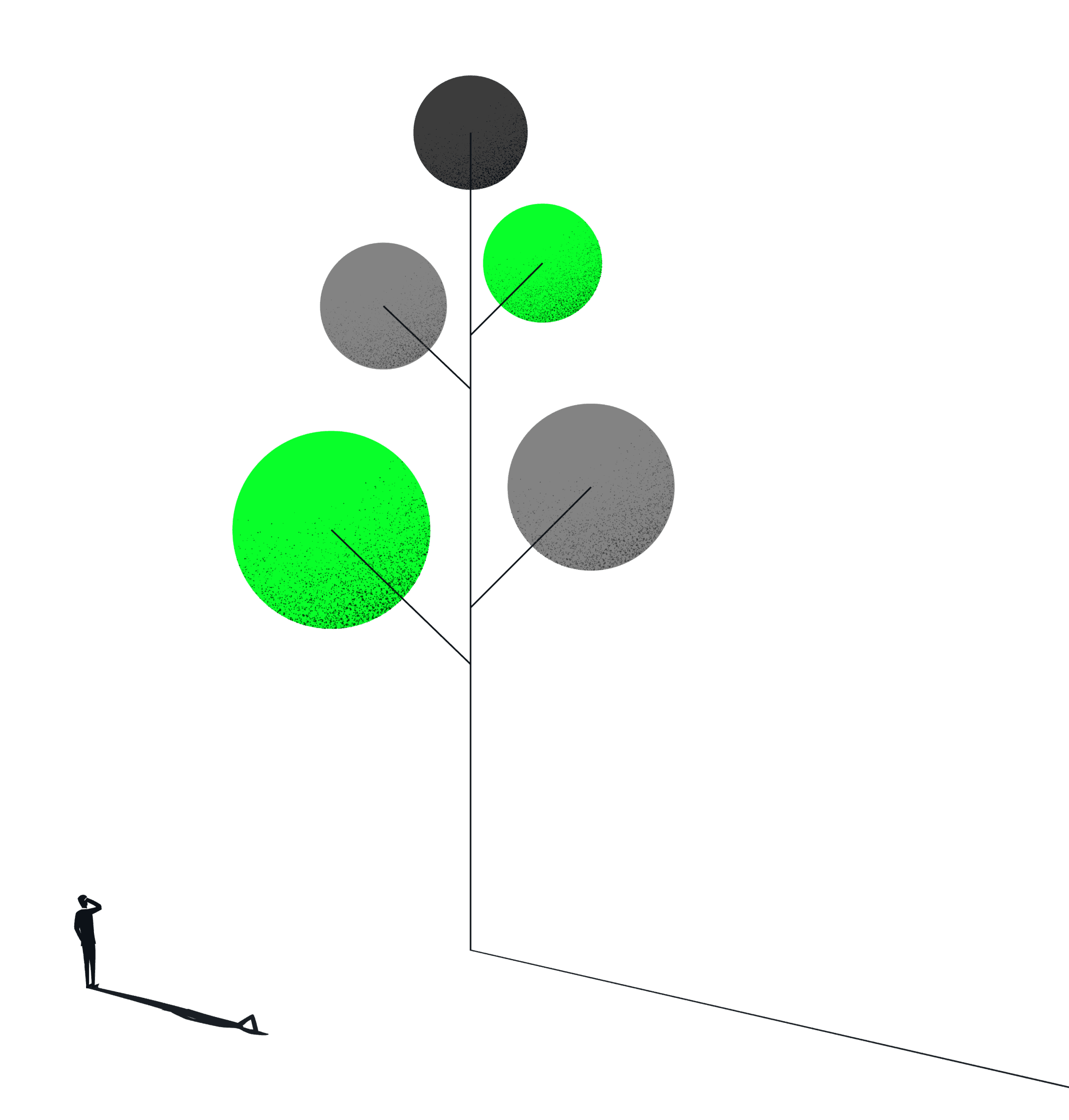 A finance leader looking up at a structure of reconciled and unreconciled nodes